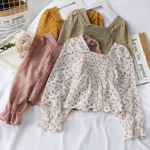 Ladies Floral Casual Blouses Ruffles Sweet Short Style Spring Women Tops And Blouses Cute Print Shirts Elasticity Blusas Mujer