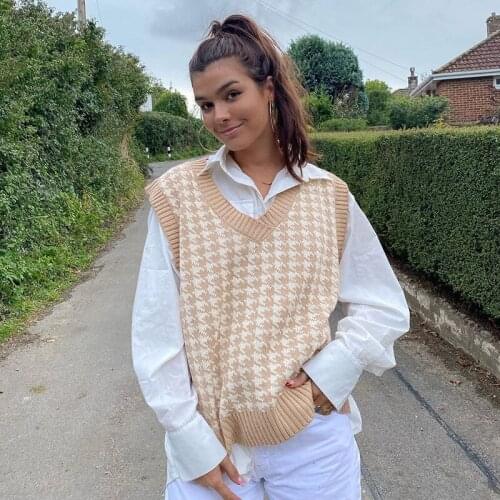Houndstooth Oversized Knit Sweater Vest Women England Preppy Style Sleeveless Knitted Pullover V Neck Loose 90s Knitwear Autumn