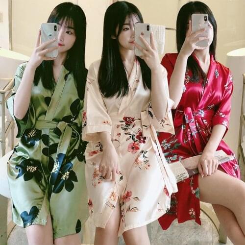 2021 Summer Short Sleeve Silk Satin Kimono Robes for Women Korean Print Sexy Mini Dress Bathrobe Sleepwear Night Gown Home Dress