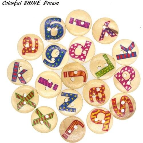 20PCs Wholesale Natural Wooden Buttons Round Letter Design Scrapbooking Sewing Accessories DIY Craft 2 Holes 15mm Dia