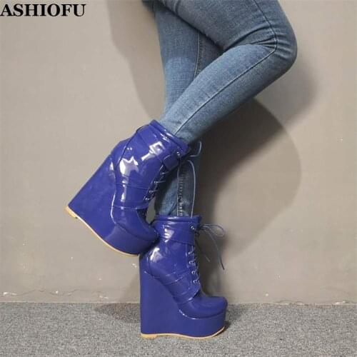 ASHIOFU New Arrival Women Wadge Heel Boots Cross Lace-up Party Prom Ankle Boots Platform Classic Evening Fashion Short Boots