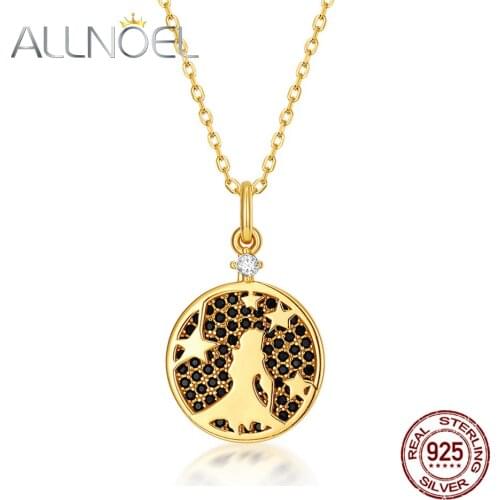 ALLNOEL Round Plate Charms Necklace personalize Fashion Jewelry Black Nano Black Zircon Solid 925 Sterling Silver Chain New
