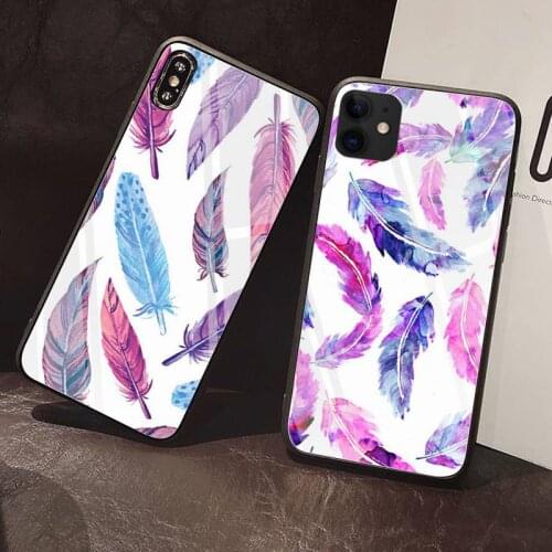 Fashion Feather Phone Case Tempered Glass For iPhone 12 Pro Max Mini 11 Pro XR XS MAX 8 X 7 6S 6 Plus SE 2020 case