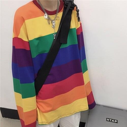 Harajuku Vintage Rainbow Striped Patchwork Loose Tee Shirt Tops Autumn Streetwear Long Sleeve Cotton T-Shirt Women Cloth