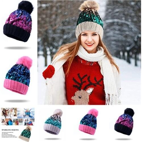 Homiton Women Sequin Knitted Beanie Hat with Faux Fur Pom-Pom Shiny Bling Skull Cap Fashion Thick Winter Hat