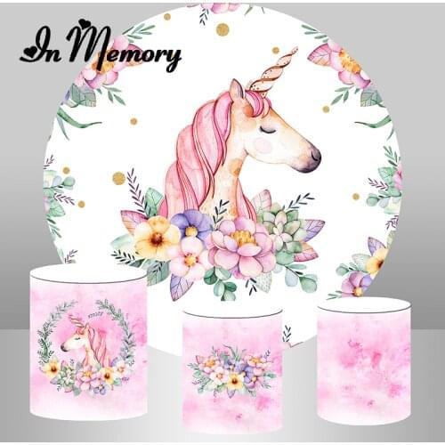 InMemory Beautilful Unicorn Girls Birthday Party Round Backdrop Cover Pink Baby Shower Newborn Circle Background Plinth Covers