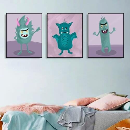 Cartoon Monster Poster Nursery Wall Art Canvas Painting Purple Black Characters Art Print Picture Modern Kids Room Decoration
