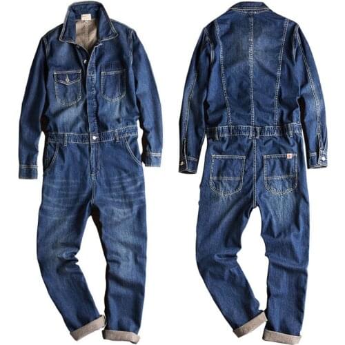 2021 Spring And Autumn Overalls Mens Denim Jumpsuits Long Sleeve Lapel Loose Blue Jeans Cargo Pants Fashion Workwear Trousers