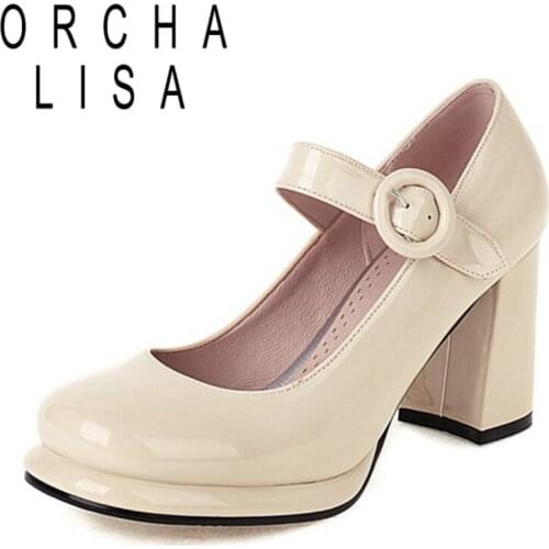 ORCHA LISA 2021 Lacquer Pumps Mary Janes Round Toe Platforms Buckle Strap 8cm Chunky Heel Shoes US17 Black Red Beige A4355