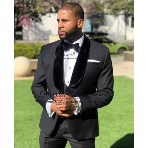 New Arrival Men Suits Black Groom Tuxedos Shawl Velvet Lapel Groomsmen Wedding Best Man ( Jacket+Pants+Vest) Costume Homme