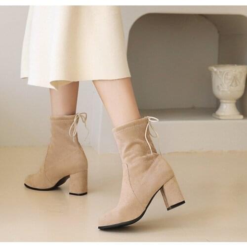 Autumn And Winter new style fashion Thick heel Back Lace tie Short boots party Womens boots Beige plus size 34-45 high 7cm