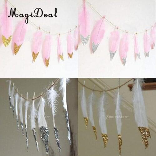 MagiDeal Boho Gold Dipped Pink White Feather Bunting Tassel Garland Wall Hanging Chirstmas Party Decor