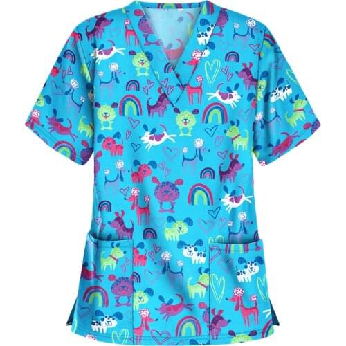 Working Nurse Uniform Tops Cartoon Print Summer T Shirt Short Sleeve V Neck New Clothes Nursing Blouse for Women Mukoti Yunifomu