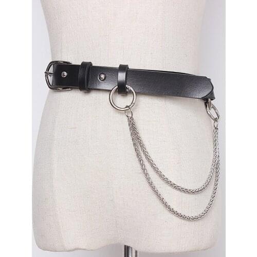 2020 Black Cow Leather Waist Belts Detachable Chain Women Men Punk DJ Genuine Leather Hip Hop Pant Jean Waistband LInks Chain