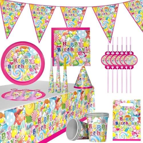 Lollipop Theme Party Tableware Candy Paper Plate Cup Napkin Banner Tablecloth Kids Happy Birthday Party Decoration Supplies