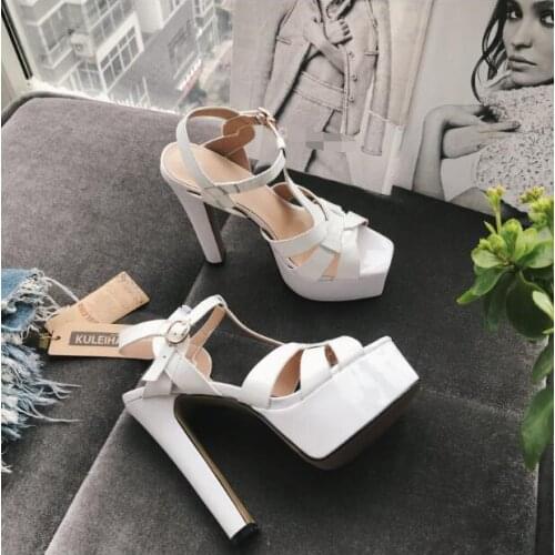 2020 summer new super high heel platform chunky heel sandals real patent leather 15cm heel high platform woman sandal