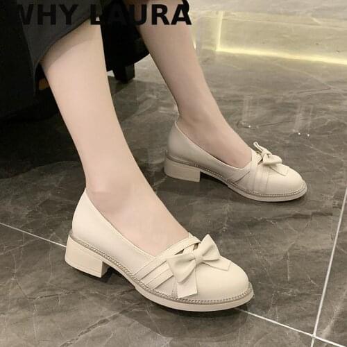 Womens kitten heel spring day leather round toe shoes womens high green bow slip dress shoes Mujer womens boat shoes