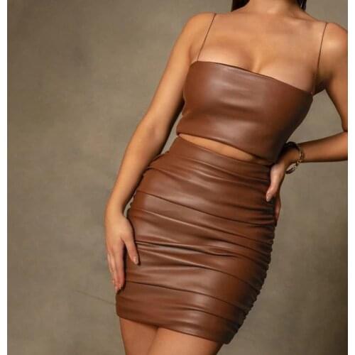 2021 Faux Leather PU Set Women Spaghetti Strap Cropped Camisole Party High Waist Back Zipper Ruched Mini Skirt Sexy Outfits Set