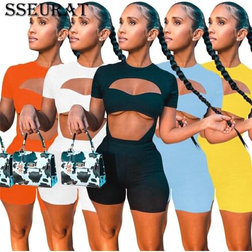 SSEURAT Women Set Solid Short Cut Out Crop Tops Stretchy Shorts Two Piece Set Sexy Summer Outfit
