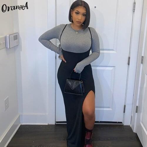 OrangeA split summer dress sexy sleeveless camisole fashion club party wear vestido de mujer bodycon dressess solid slim outfits