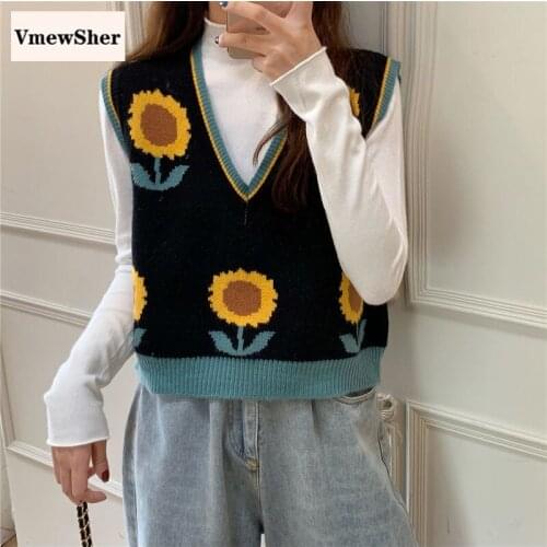 VmewSher Women Fashion Knitted Vest Sweater Vintage Sunflower V Neck Sleeveless Autumn Spring Chic Floral Pullover Short Tops