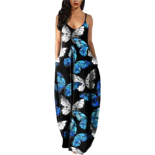 Women Summer Maxi Dress Sexy Sleeveless Butterfly Print Cami Beach Dress Pockets Loose Casual Vestidos Party Robe Femme 2021 New