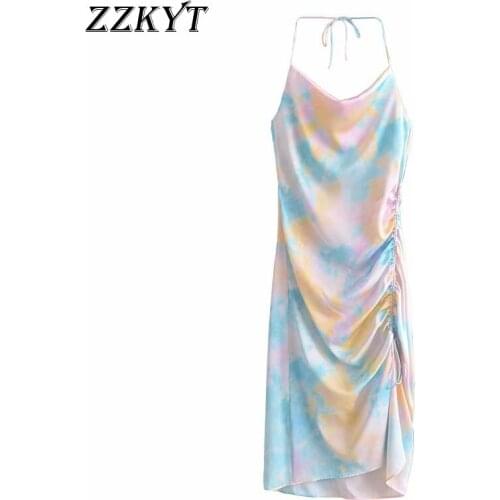 ZZKYT 2021 Women Summer Fashion Tie Dye Folds Midi Dress Vintage Sleeveless Backless Bow Tied Straps Female Party Dresses Mujer