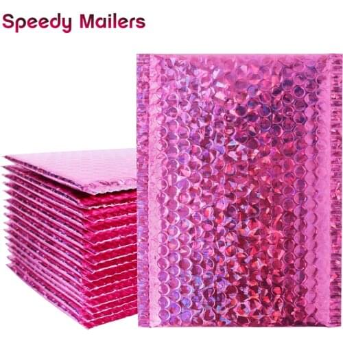 10PCS Rose Pink Laser Holographic Foil Bubble Mailer Makeup Gift Bags Colorful Packaging Bubble Mailer Padded Shipping Envelope