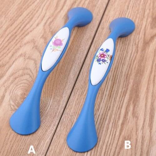 128 fashion rural ceramic dresser door handle white and blue porcelain kitchen cabonet drawer pullsknob 5" blue furniture handle