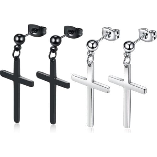 2Pcs/lot Steel Cross Earring Studs Dangle Upper Black Ear Studs Lobe Piercings Ear Piercings Bijoux Jewelry Unisex Swanjo