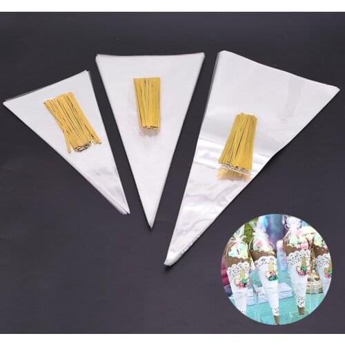 50pcs/lot Clear Cone Candy Storage Bags Cones Transprant Plastic Bag Popcorn Candy Bags Kids Birthday Party Gift Packing Bags