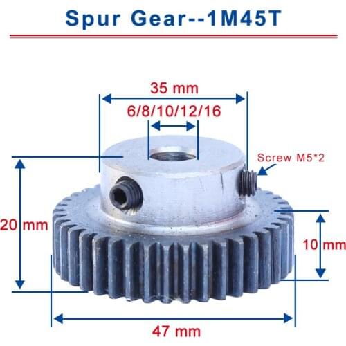 1 Piece 1M45T Spur Gear Bore Size 6/8/10/12/16 mm Motor Gear Low Carbon Steel Material High Quality Metal Gear For Motor
