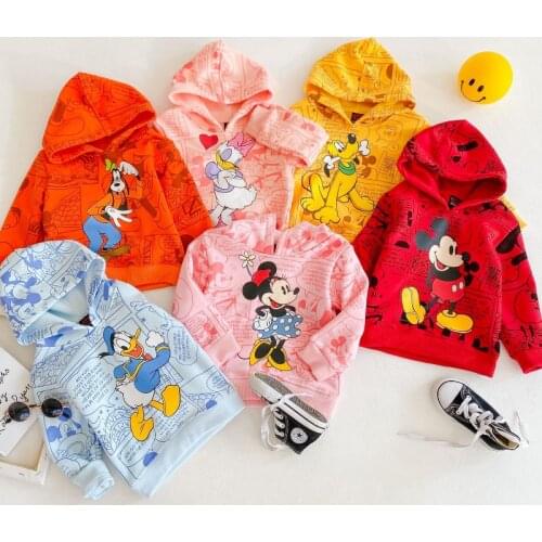 Childrens Clothing Hoodie 2021 Winter New Disney Cartoon Minnie Mickey Boy Plus Velvet Shirt 100% Cotton Cute Girl T-shirt
