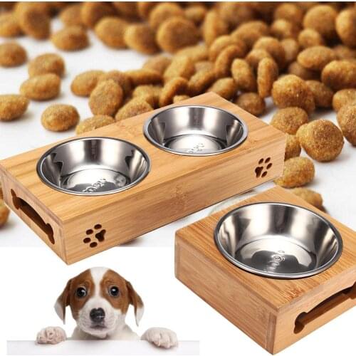 Pet Feeding Bowl Dog Bowl Double Bowl Stainless Steel Bamboo Rack Food Water Bowl Pet Cat Food Water Feeding Pet Supplies