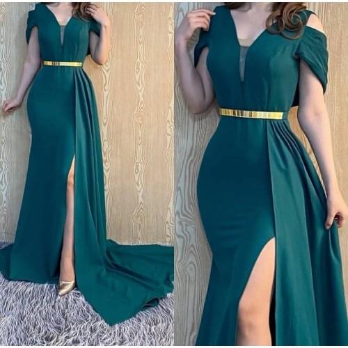 Long Off Shoulder V-Neck Red Prom Dresses with Pockets Side Slit Robe De Soiree Floor Length Zipper Back Formal Party Gown