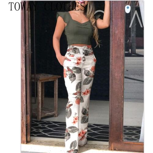 Summer Women Tropical Print Flutter Sleeve Zip Back Top & Buttoned High Waist Pants Set