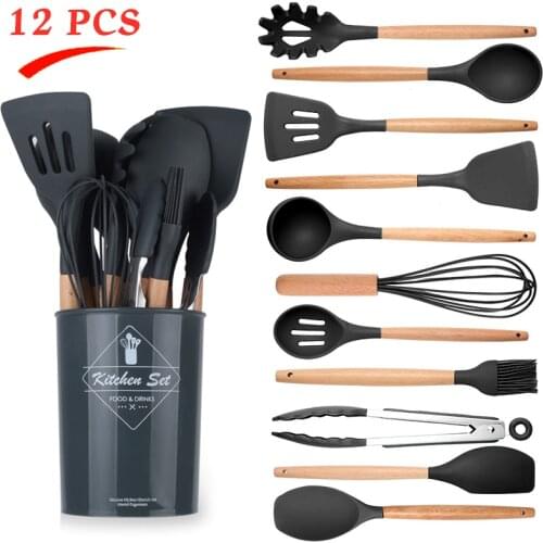 Heat Resistant Silicone Kitchen Utensils Set With Wooden Handle Cooking Tools Kit Spoon Soup Ladle Turner Spatula Tong Cookware