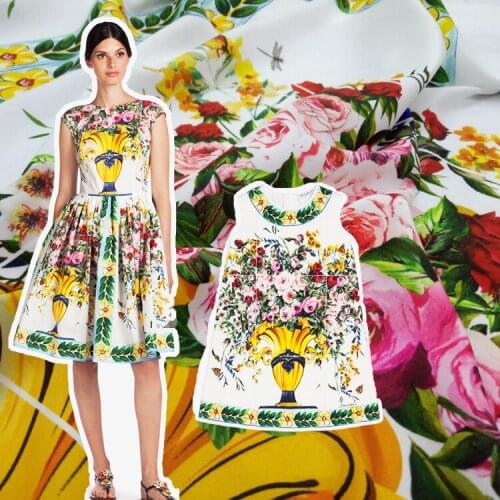 Parent-child autumn fashion fabric exquisite womens printed fabric custom vase pattern childrens clothing for dress