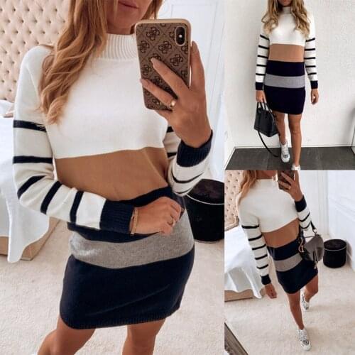 Autumn And Winter High-Neck Womens Mini Dress New Casual Slim Long-Sleeved Striped Color Matching Womens Knitted Dress Basic