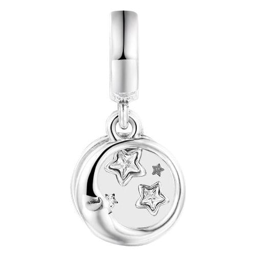 Fits Pandora Bracelets Sleeping Moon and Stars Dangle Charm Genuine 925 Sterling Silver Beads for Women Jewelry Making Kralen