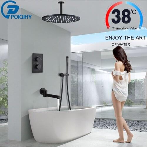 POIQIHY Black Shower Faucets Brass Rainfall Shower Head Bath Shower Set Embedded Box 3 Way Thermostatic Valve Shower System