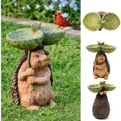 Carved Resin Hedgehog Birdbath Animal Statue Outdoor Birdfeeder Resin Decoration Cute Hedgehog Garden Accent for Garden E7