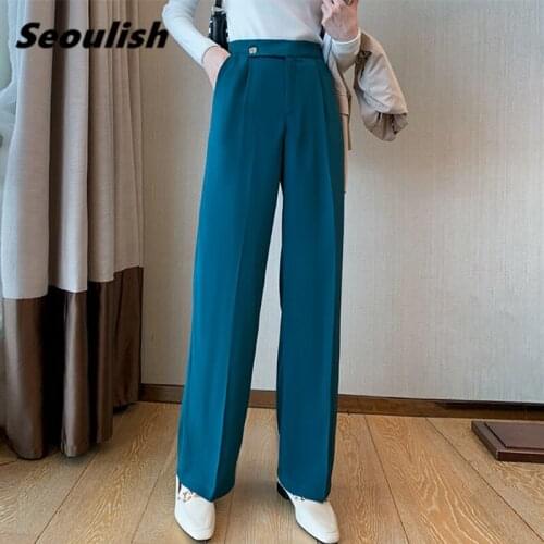 Seoulish Minimalist Formal Womens Wide Leg Pants High Waist Buttons Elegant Office Female Workwear Loose Pants 2021 New Spring