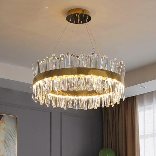 Modern Living Room Luxury Steel Dimmable Led Pendant Light Shiny Gold Chrome K9 Crystal Led Hanging Lamp Round Suspension Lamp