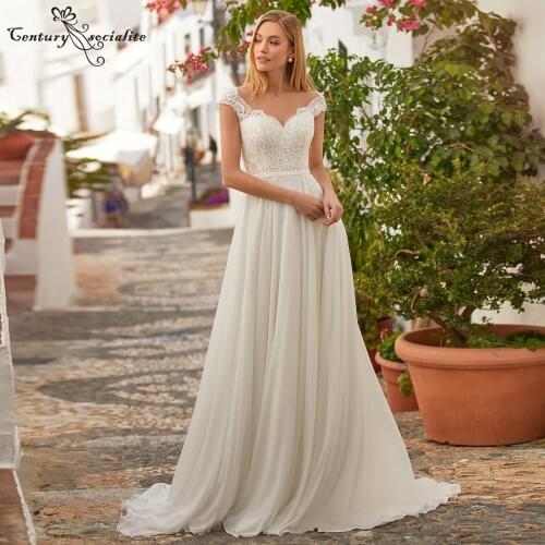 Boho Wedding Dresses Beach Bridal Gowns Lace Appliques Sheer O-Neck Cap Sleeve Chiffon Bohemian Bride Dress Robe De Mariee