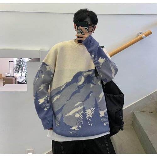 Sweater Men Streetwear Mountain Tree Pattern Hip Hop Autumn New Pullover Spandex O-neck Oversize Couple Casual Mens Sweaters