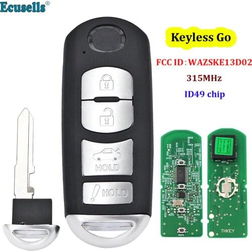 4 Buttons Keyless-Go Smart Remote Key 315MHz ID49 Hitag Pro Chip for Mazda 3 Sedan 6 MX-5 Miata FCC WAZSKE13D02 with Small Key