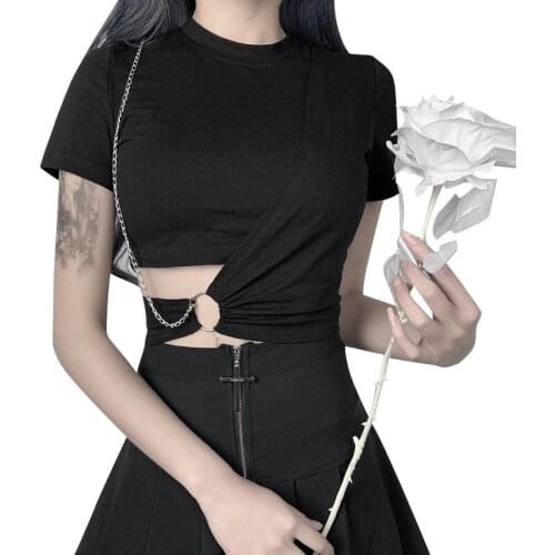 Summer Women T-shirts Black Slim High-waist Navel-exposing Short Sleeve Tees Splicing Chain Crop Top Casual Crewneck Streetwear