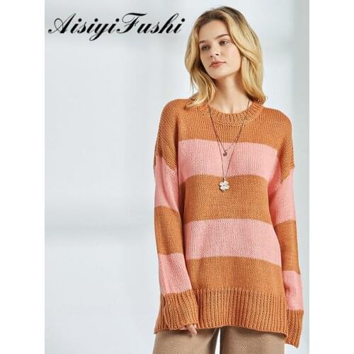 AISIYIFUSHI Harajuku Striped Sweater Women Round Neck Long Sleeve Thin Oversized Sweater Winter Woman Sweater Knitting Pullovers