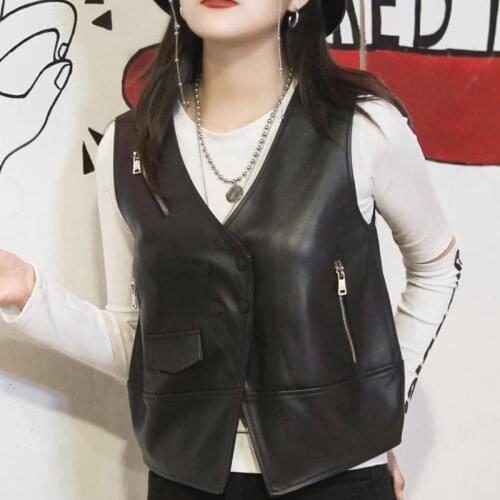 2020 autumn winter women v-neck real sheepskin leather vests genuine leather female casual sleeveless jackets black A180